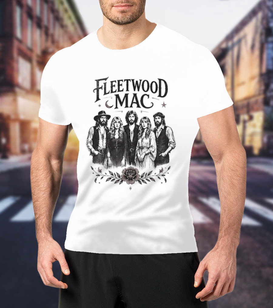 Fleetwood Mac Moonlit Harmony Silhouette With Crescent Moon And Floral Accents T-Shirt