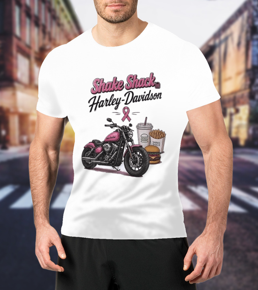 Shake Shack Harley Davidson Pink Ribbon Burger Fries Breast Cancer Awareness Month T-Shirt