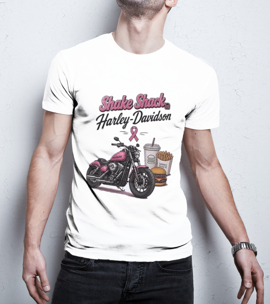 Shake Shack Harley Davidson Pink Ribbon Burger Fries Breast Cancer Awareness Month T-Shirt