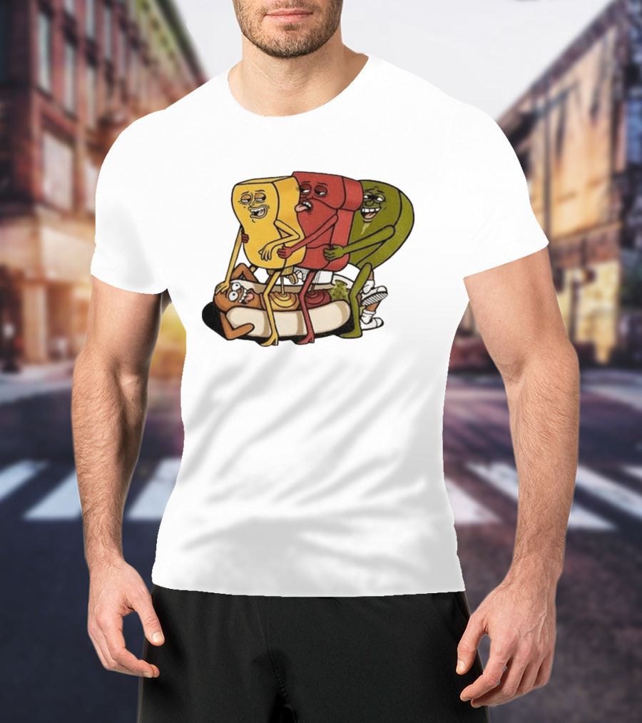Hot Dog Topped With Mustard Ketchup And Relish Cartoon Characters T-Shirt