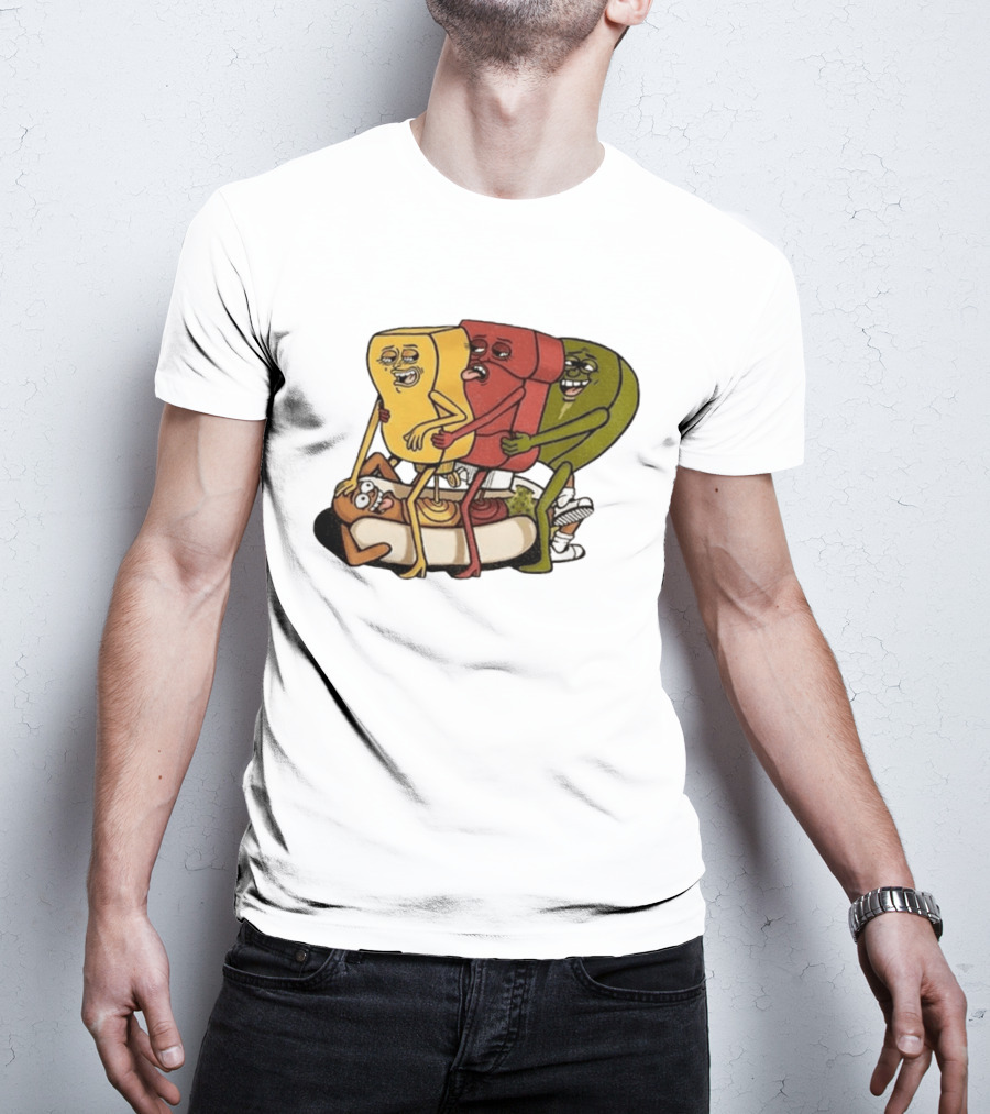 Hot Dog Topped With Mustard Ketchup And Relish Cartoon Characters T-Shirt