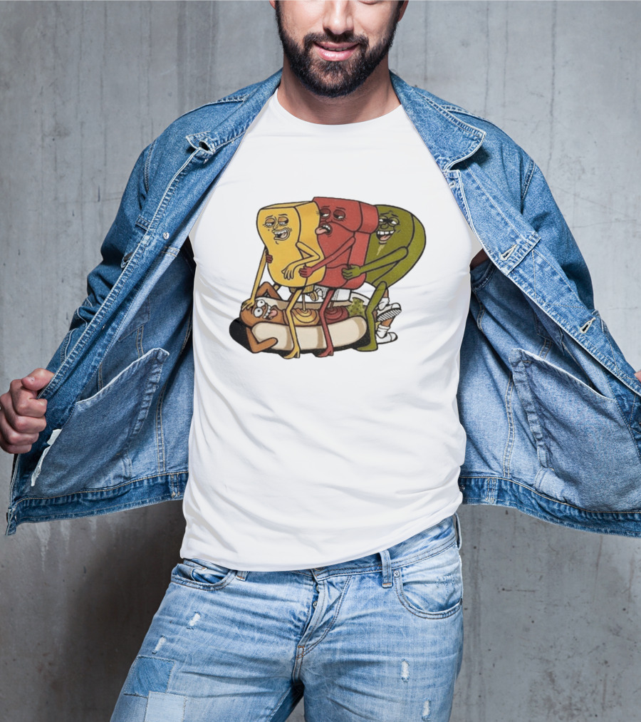 Hot Dog Topped With Mustard Ketchup And Relish Cartoon Characters T-Shirt