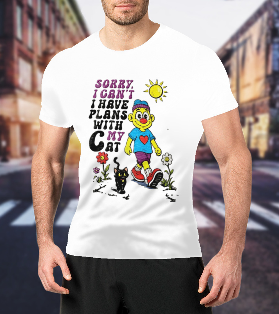 Sorry I Can't I Have Plans With My Cat Cartoon Yellow Figure Walking Sunflowers T-Shirt