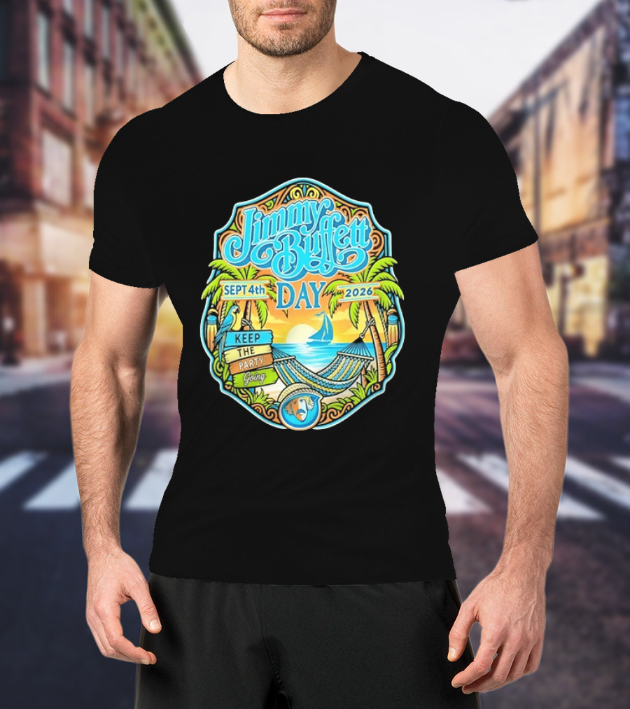 Jimmy Buffett Day Sept 4th 2026 Keep The Party Going Tropical Beach Hammock Scene T-Shirt