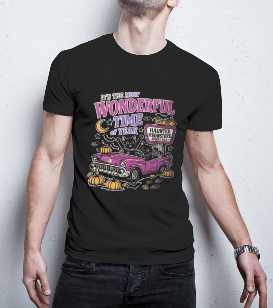 The Most Wonderful Time Of Year Halloween Cat And Pumpkins Retro Car T-Shirt