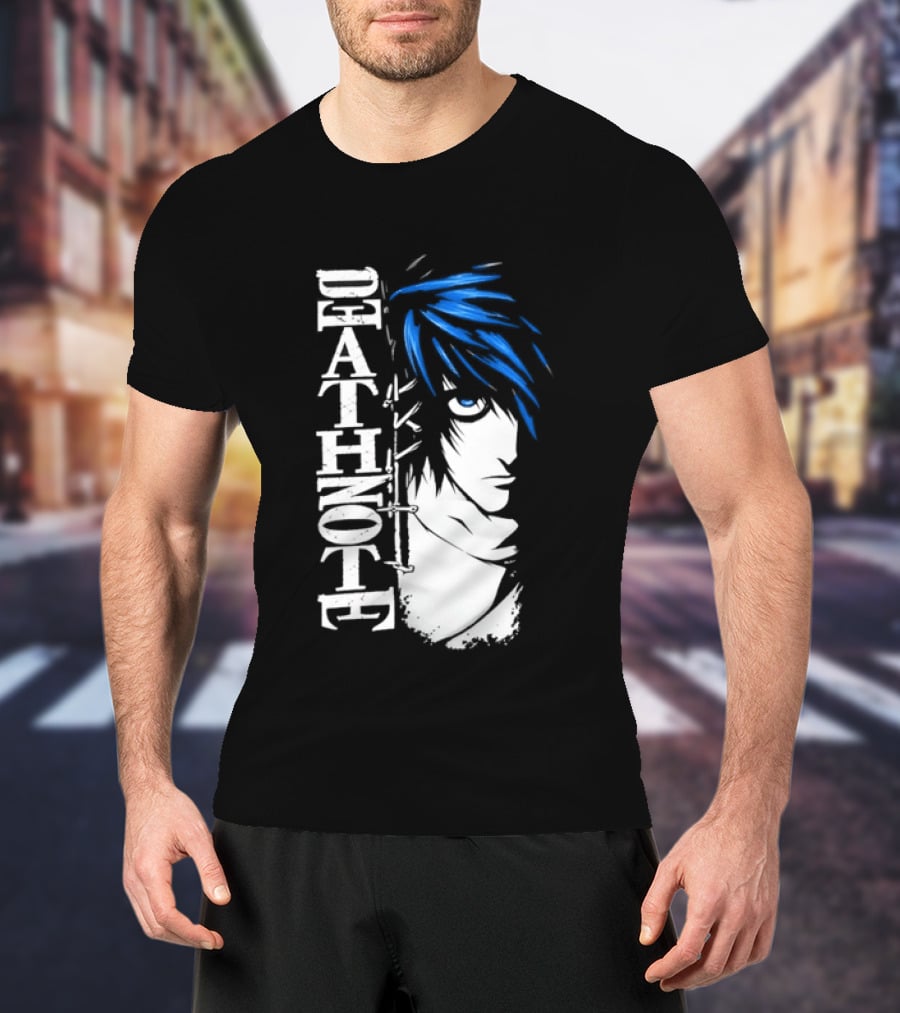 L From Death Note Distressed Anime Blue Hair White T-Shirt