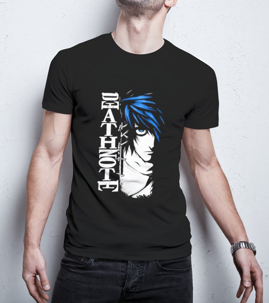 L From Death Note Distressed Anime Blue Hair White T-Shirt