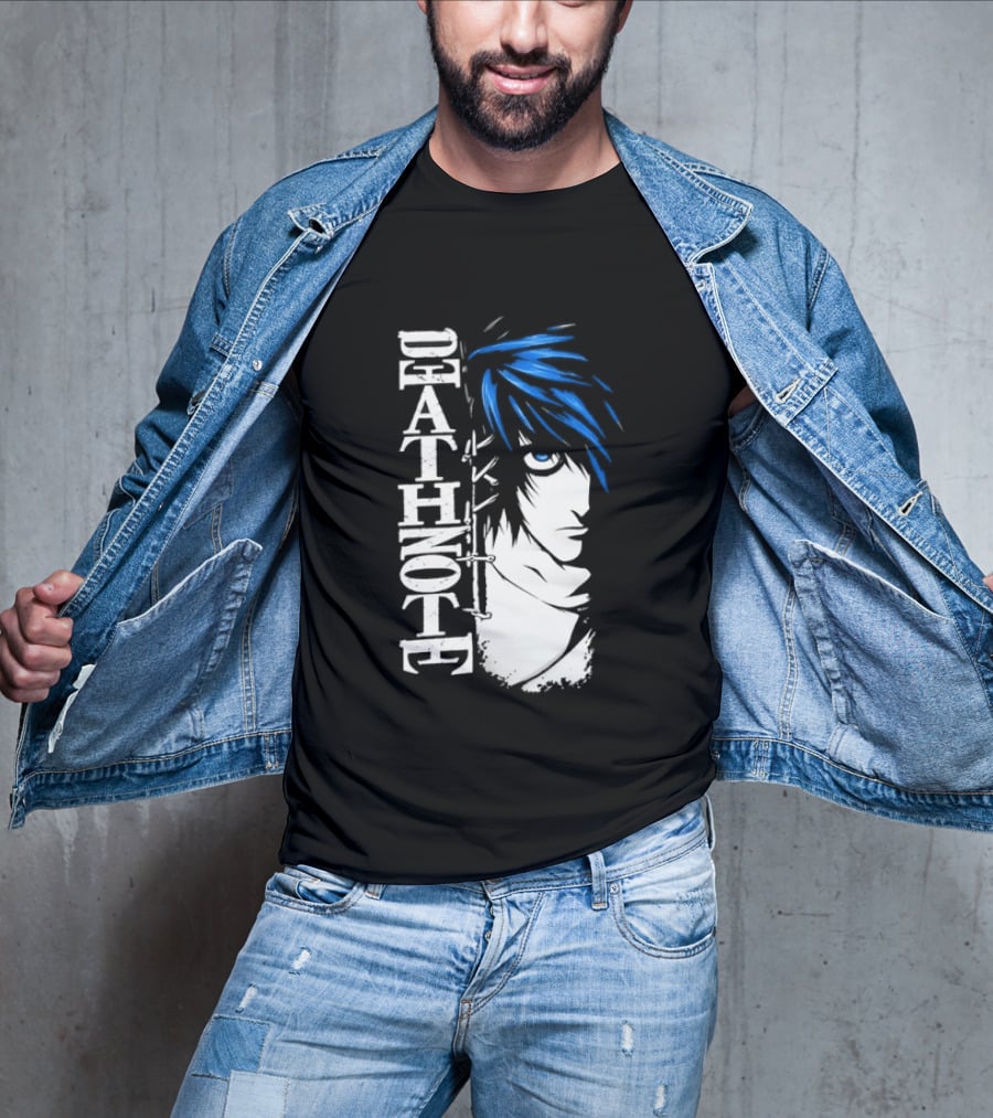 L From Death Note Distressed Anime Blue Hair White T-Shirt