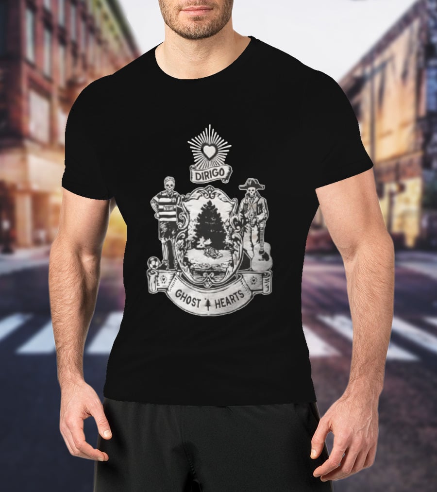 Dirigo Ghost Hearts Maine Crest With Skeleton Soccer And Guitar Players T-Shirt