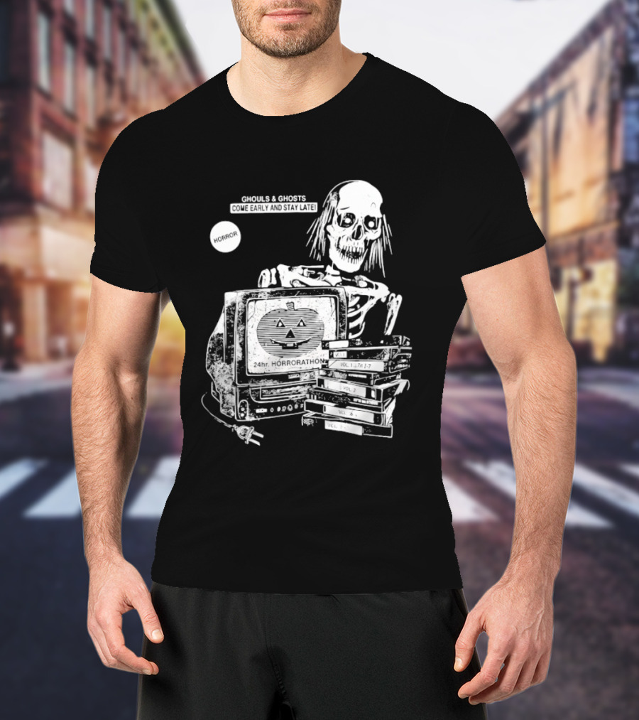 Ghouls And Ghosts 24hr Horrorathon Skeleton With TV And Pumpkin T-Shirt