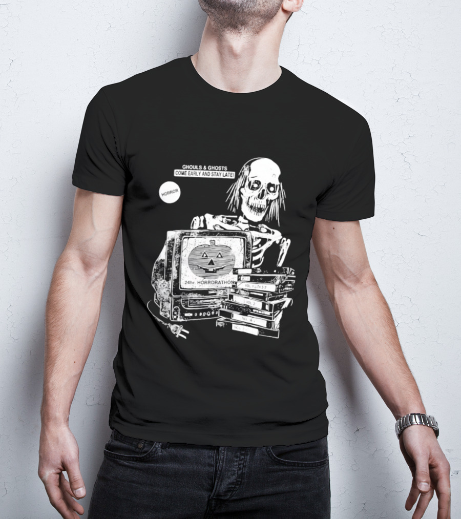 Ghouls And Ghosts 24hr Horrorathon Skeleton With TV And Pumpkin T-Shirt