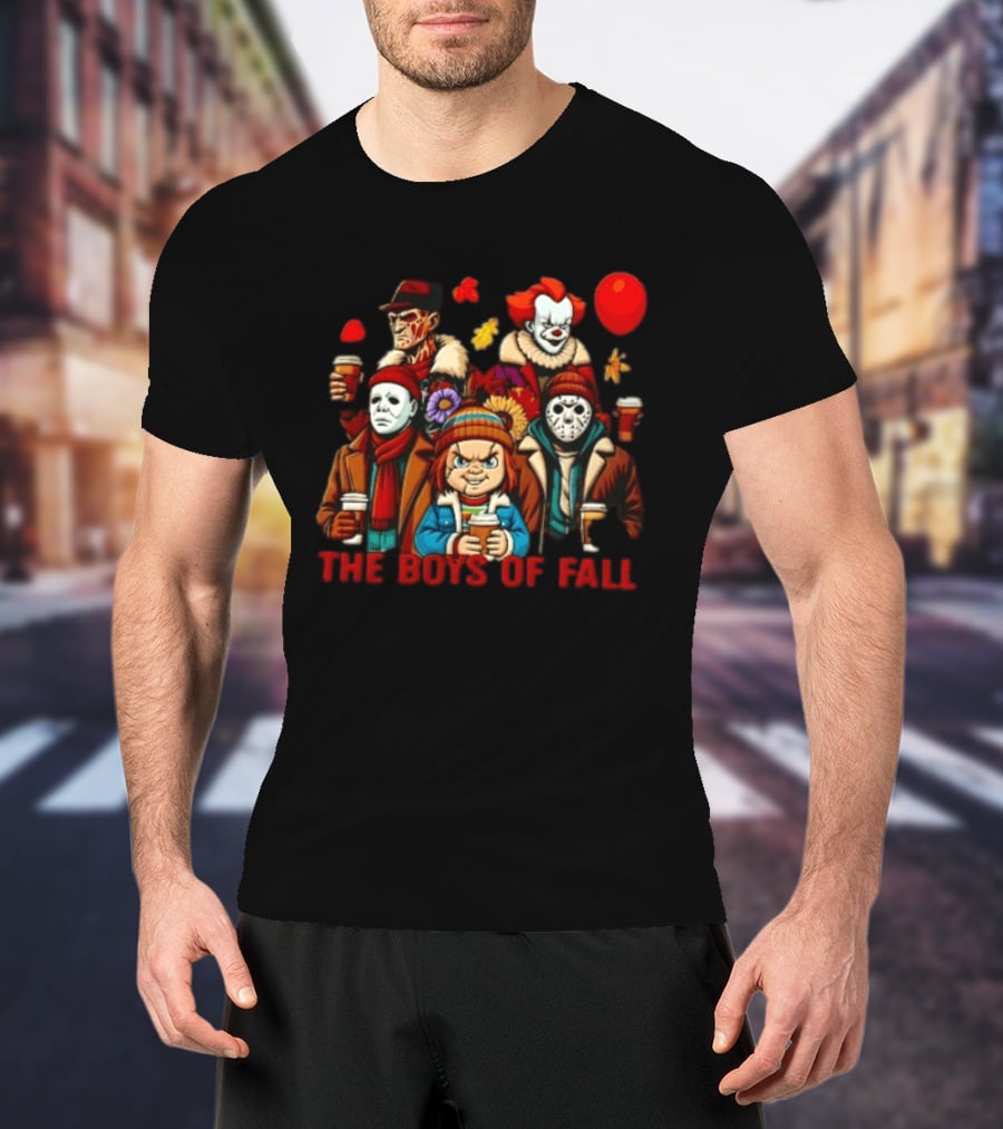 The Boys Of Fall Horror Movie Villains Holding Coffee Autumn Leaves Cartoon Balloons T-Shirt