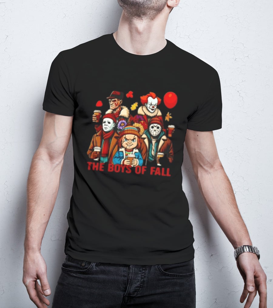 The Boys Of Fall Horror Movie Villains Holding Coffee Autumn Leaves Cartoon Balloons T-Shirt
