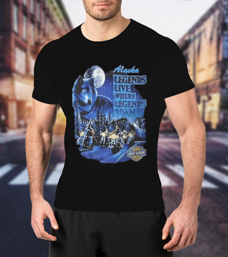 Alaska Legends Live Where Legends Roam Wolf Moon Motorcycles Forest Road T-Shirt