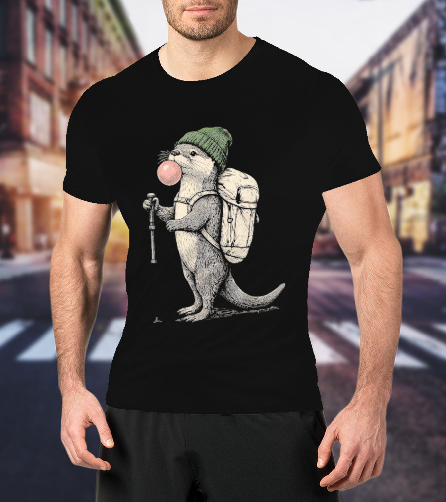 Hiking Otter Backpack Adventure With Bubble Gum T-Shirt