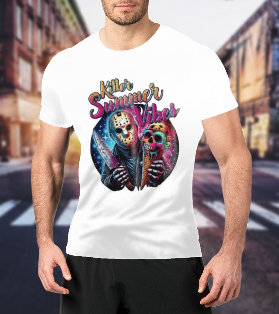 Killer Summer Vibes Hockey Mask Slasher Knife Skull Ice Cream Cone Cosmic T-Shirt
