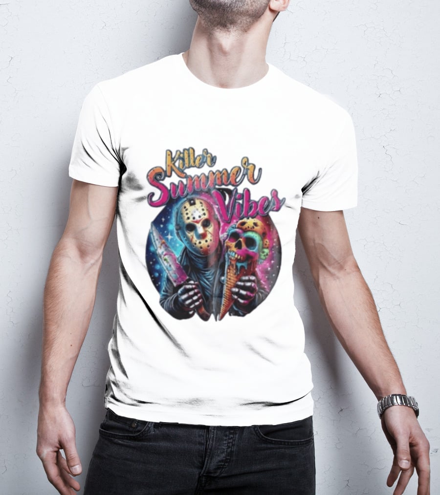 Killer Summer Vibes Hockey Mask Slasher Knife Skull Ice Cream Cone Cosmic T-Shirt