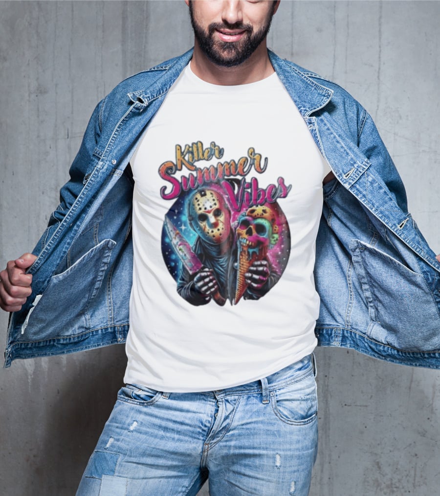 Killer Summer Vibes Hockey Mask Slasher Knife Skull Ice Cream Cone Cosmic T-Shirt