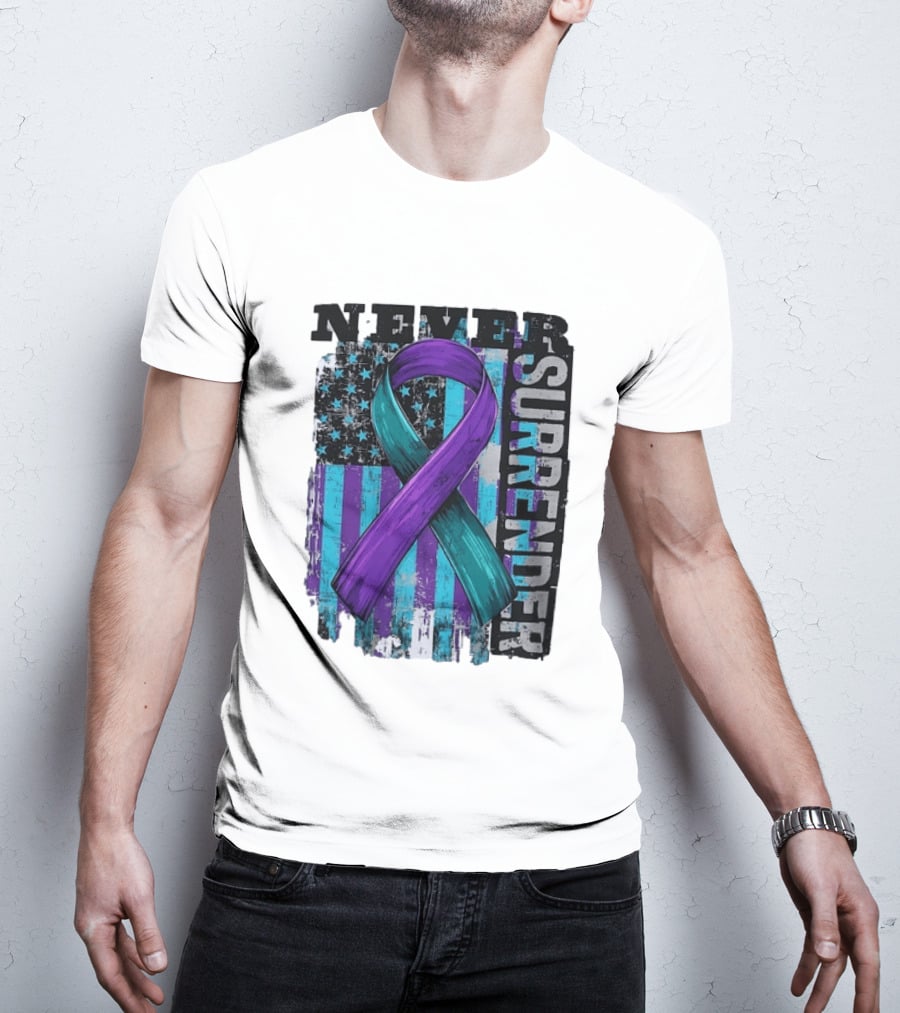 Never Surrender Teal And Purple Awareness Ribbon Distressed Flag T-Shirt