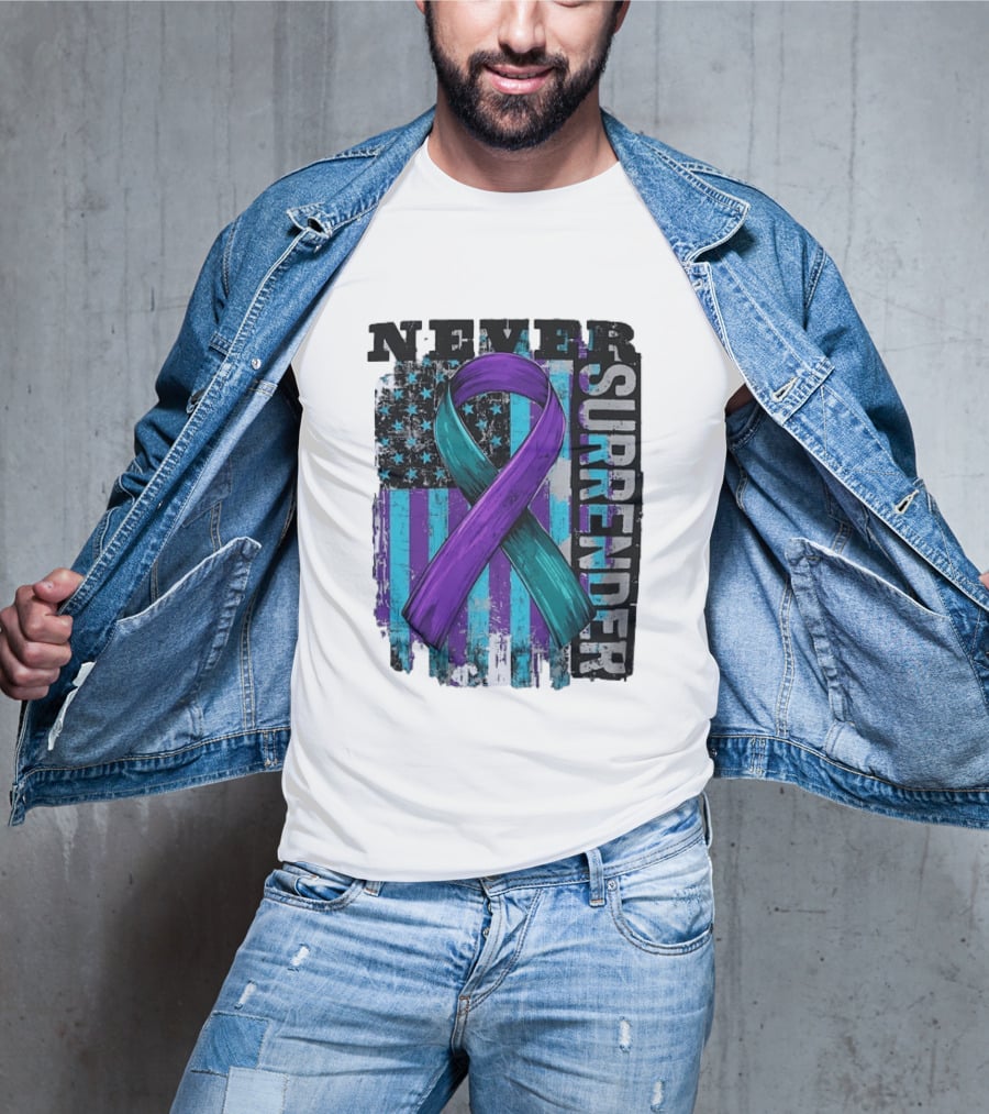 Never Surrender Teal And Purple Awareness Ribbon Distressed Flag T-Shirt