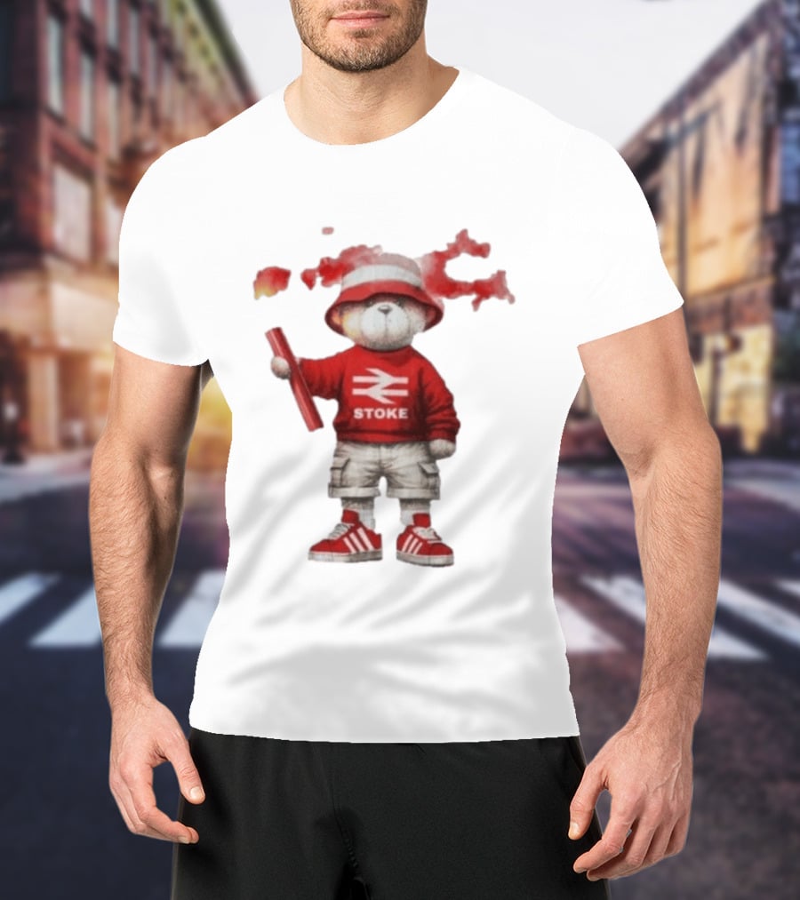 Stoke Awaydays Bear With Flare Football Casuals Railway Logo Bucket Hat Red Sneakers T-Shirt