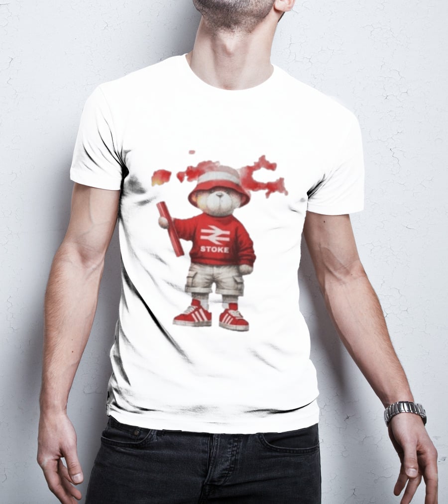 Stoke Awaydays Bear With Flare Football Casuals Railway Logo Bucket Hat Red Sneakers T-Shirt