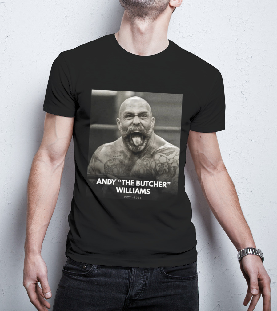 Andy The Butcher Williams 1977 2026 Tattooed Beard Black And White Image T-Shirt