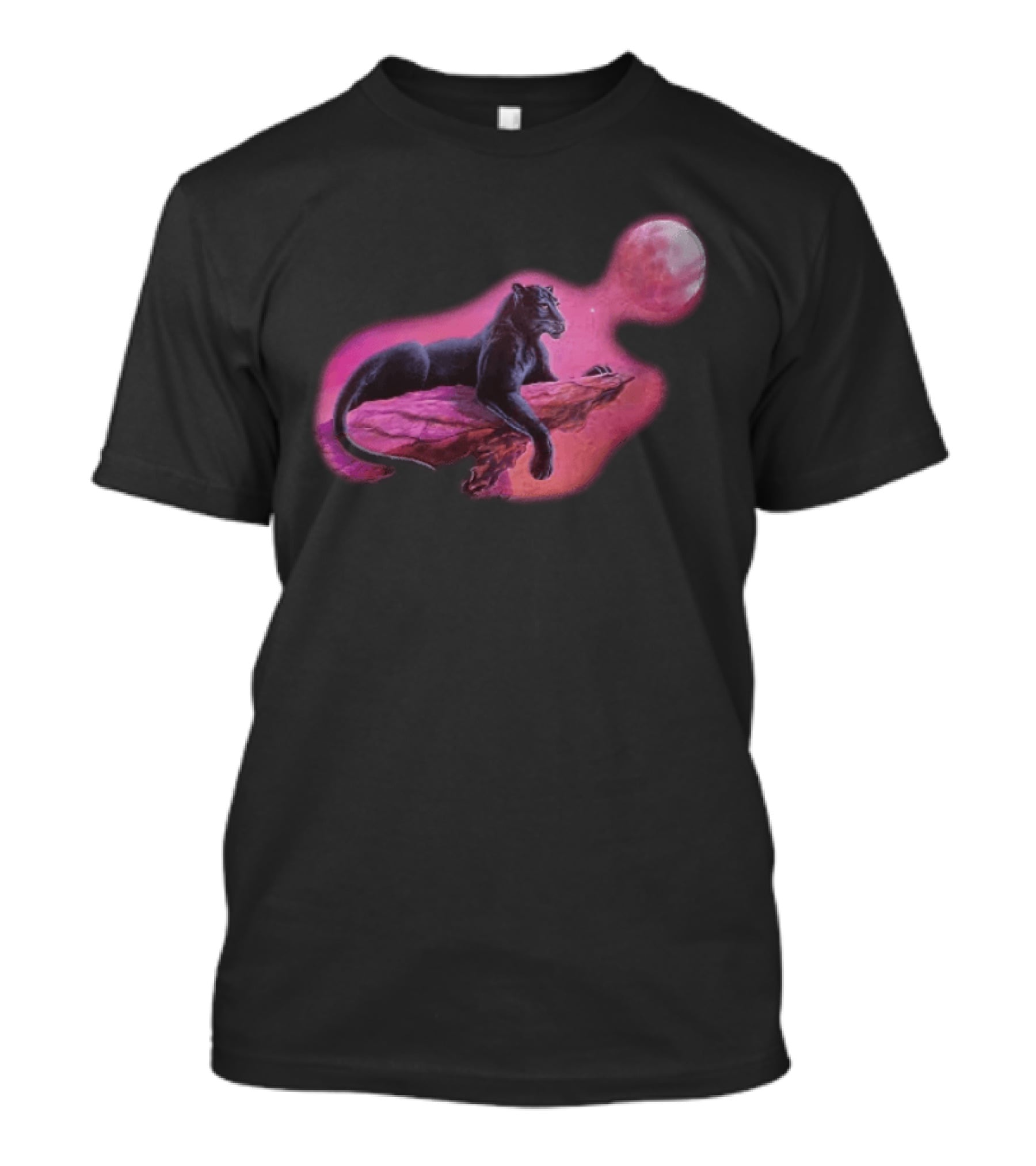 Black Panther On Rock With Pink Moonlit Night Sky T-Shirt