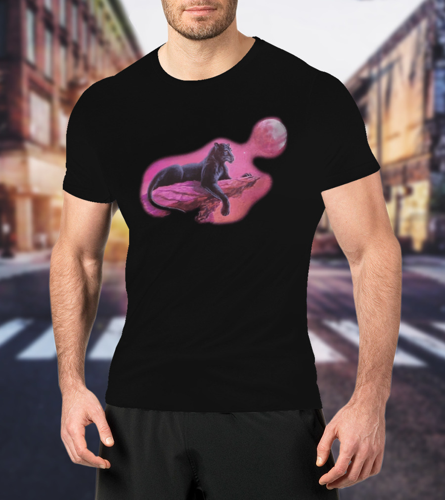 Black Panther On Rock With Pink Moonlit Night Sky T-Shirt