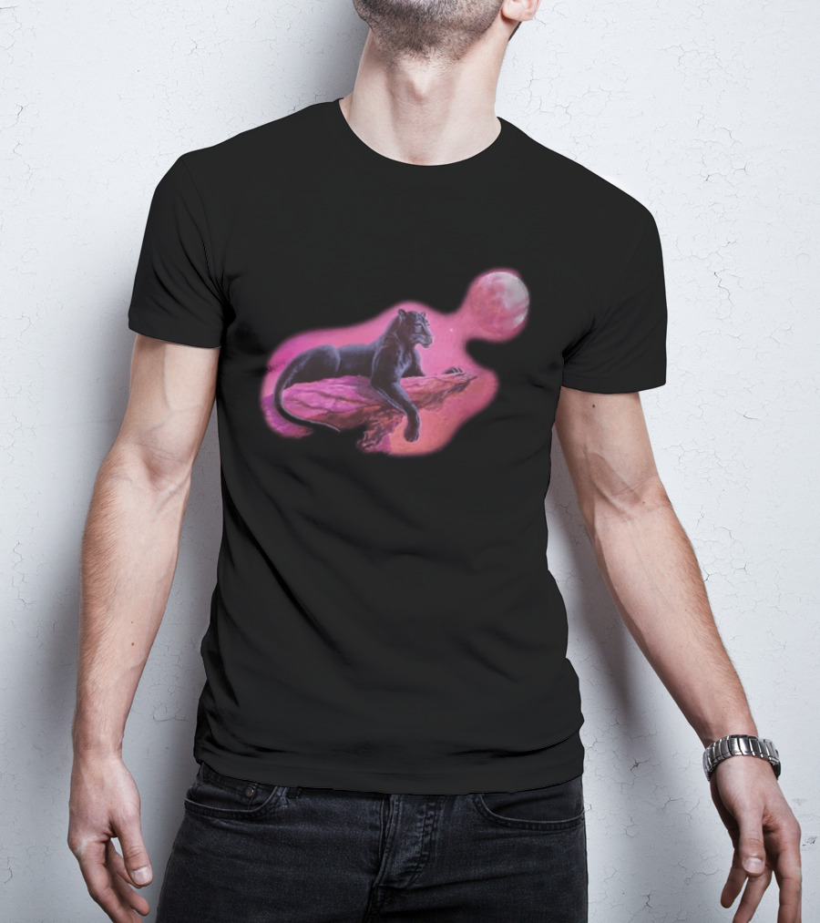 Black Panther On Rock With Pink Moonlit Night Sky T-Shirt