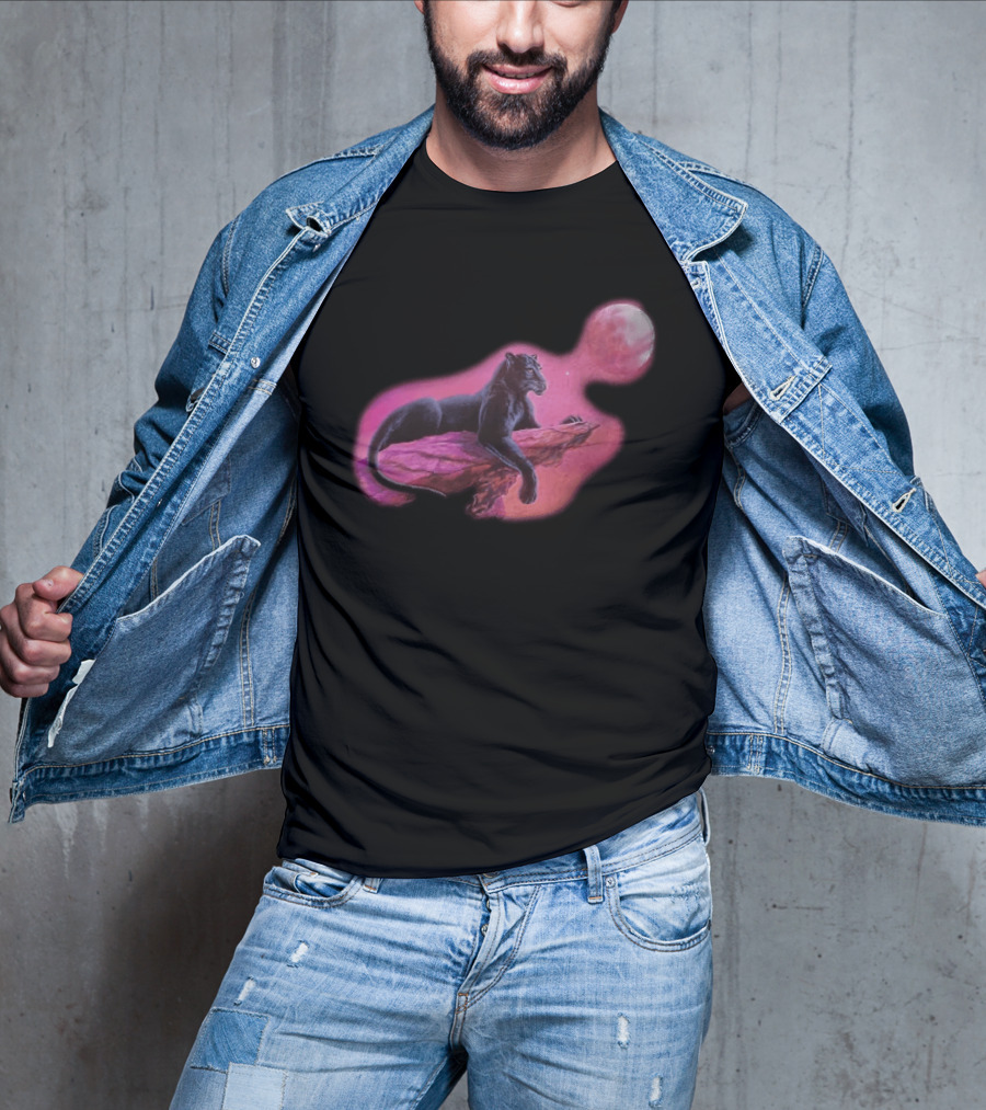 Black Panther On Rock With Pink Moonlit Night Sky T-Shirt