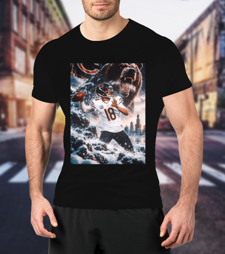 Caleb Williams Chicago Bears Snowy Football Bear Quarterback Number 18 City Skyline T-Shirt