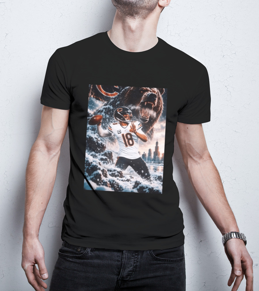 Caleb Williams Chicago Bears Snowy Football Bear Quarterback Number 18 City Skyline T-Shirt