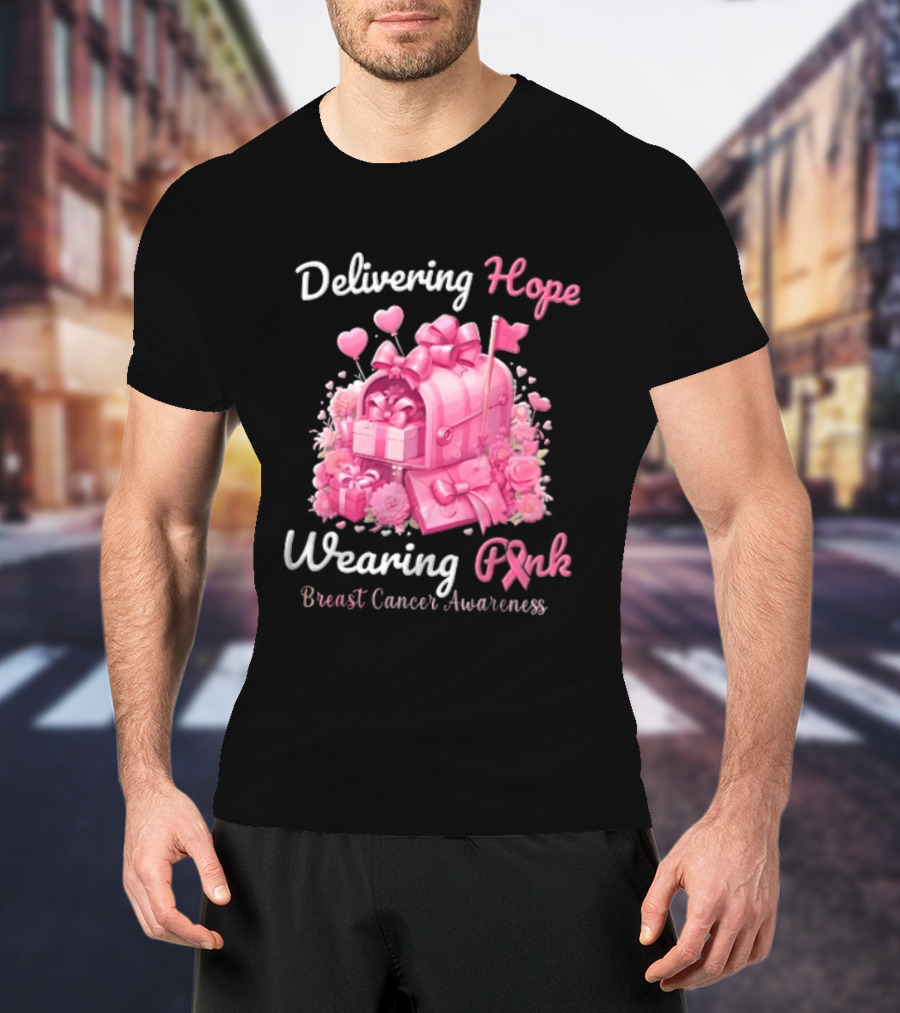 Delivering Hope Wearing Pink Breast Cancer Awareness Mailbox Wrapped Presents Heart Balloons Flowers T-Shirt