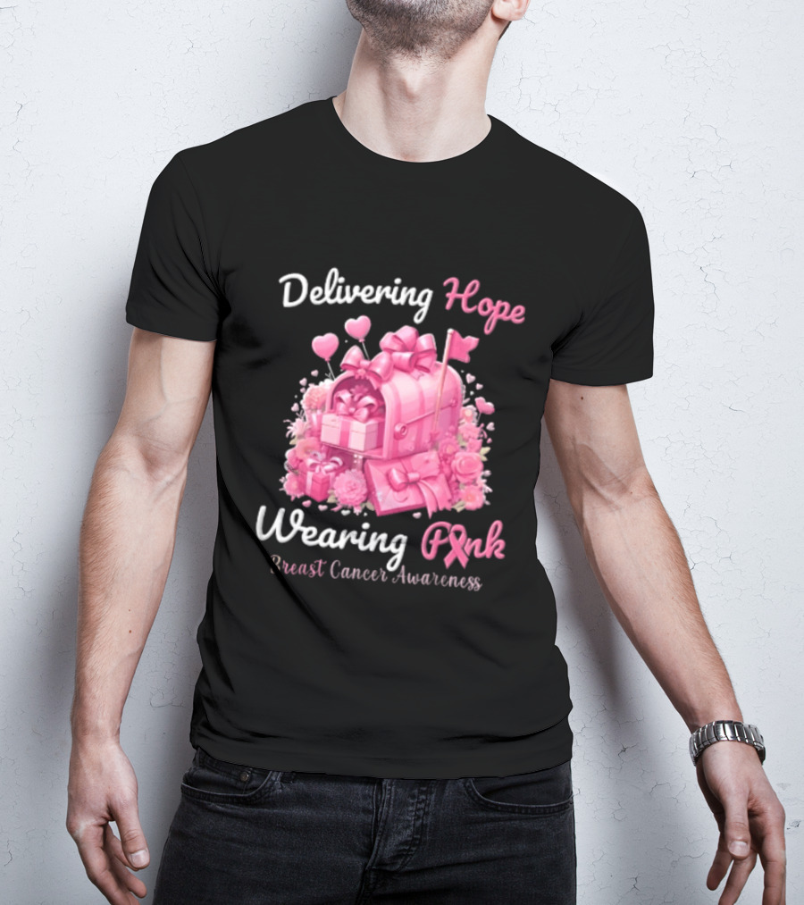 Delivering Hope Wearing Pink Breast Cancer Awareness Mailbox Wrapped Presents Heart Balloons Flowers T-Shirt