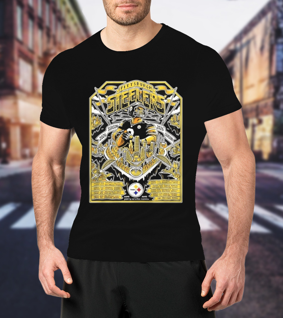 Pittsburgh Steelers 2026 Season Schedule Featuring Iconic Cityscape And Player T-Shirt