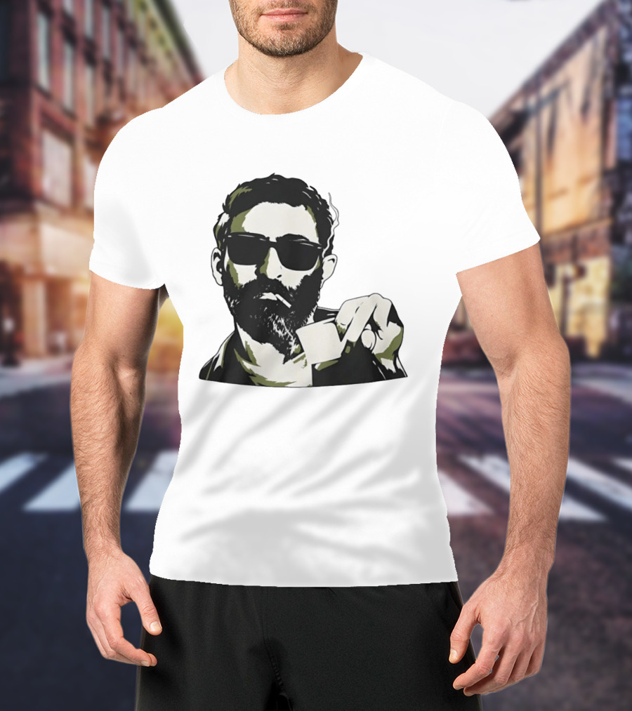 Bearded Man With Sunglasses Smoking Cigarette Holding Blank Card T-Shirt