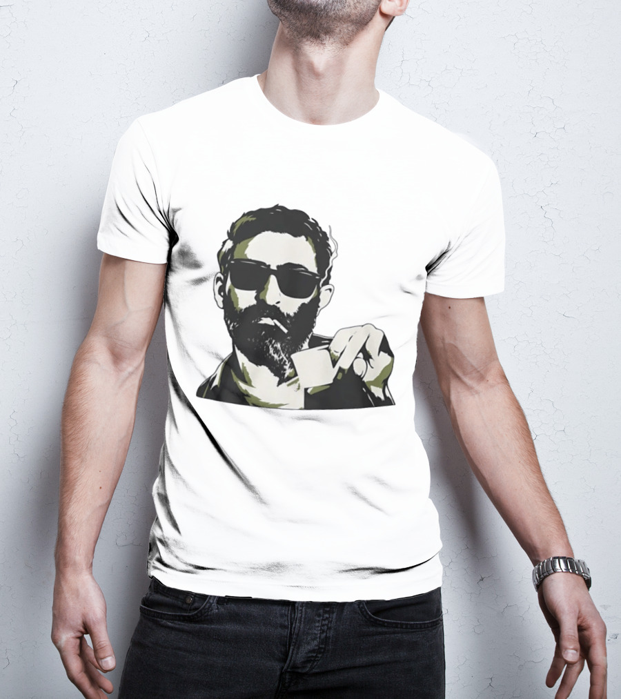 Bearded Man With Sunglasses Smoking Cigarette Holding Blank Card T-Shirt