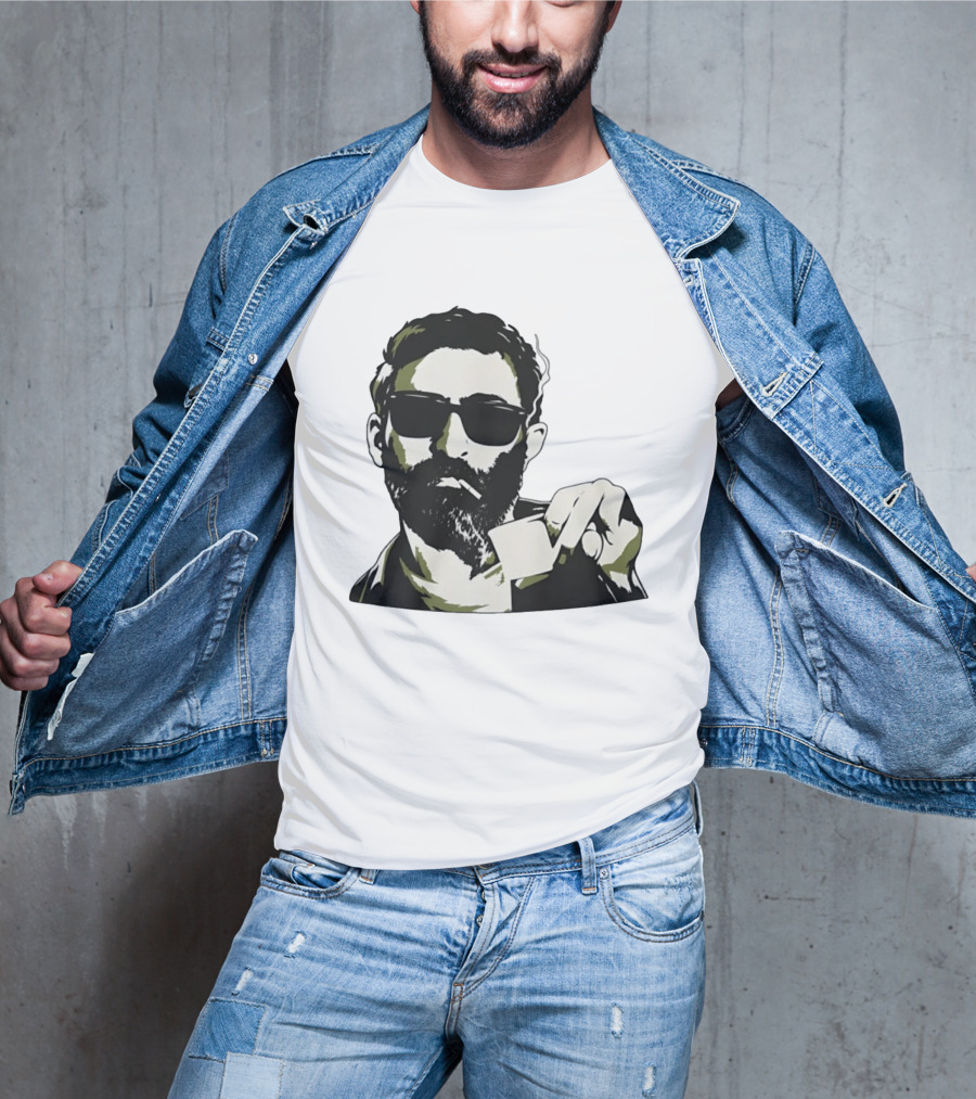 Bearded Man With Sunglasses Smoking Cigarette Holding Blank Card T-Shirt