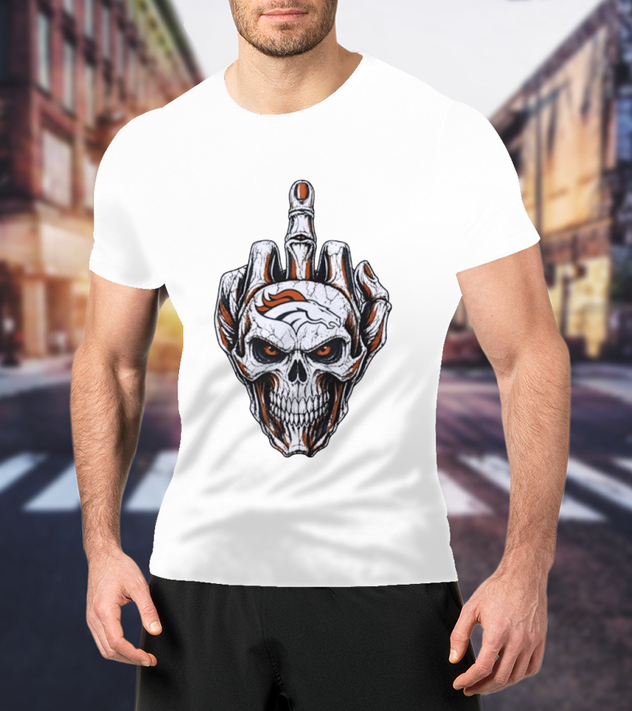 Distressed Denver Broncos Skull With Middle Finger Skeleton Hand T-Shirt
