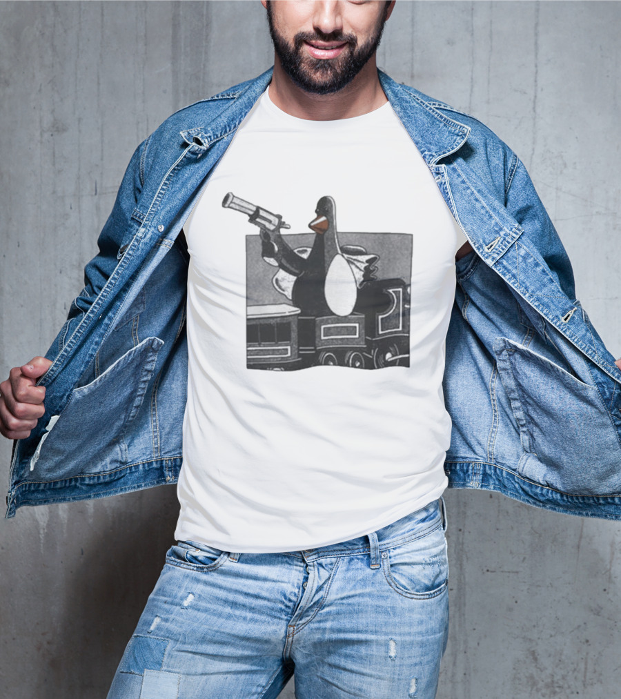 Evil Penguin With Gun On Train Vengeance Most Fowl McGraw T-Shirt