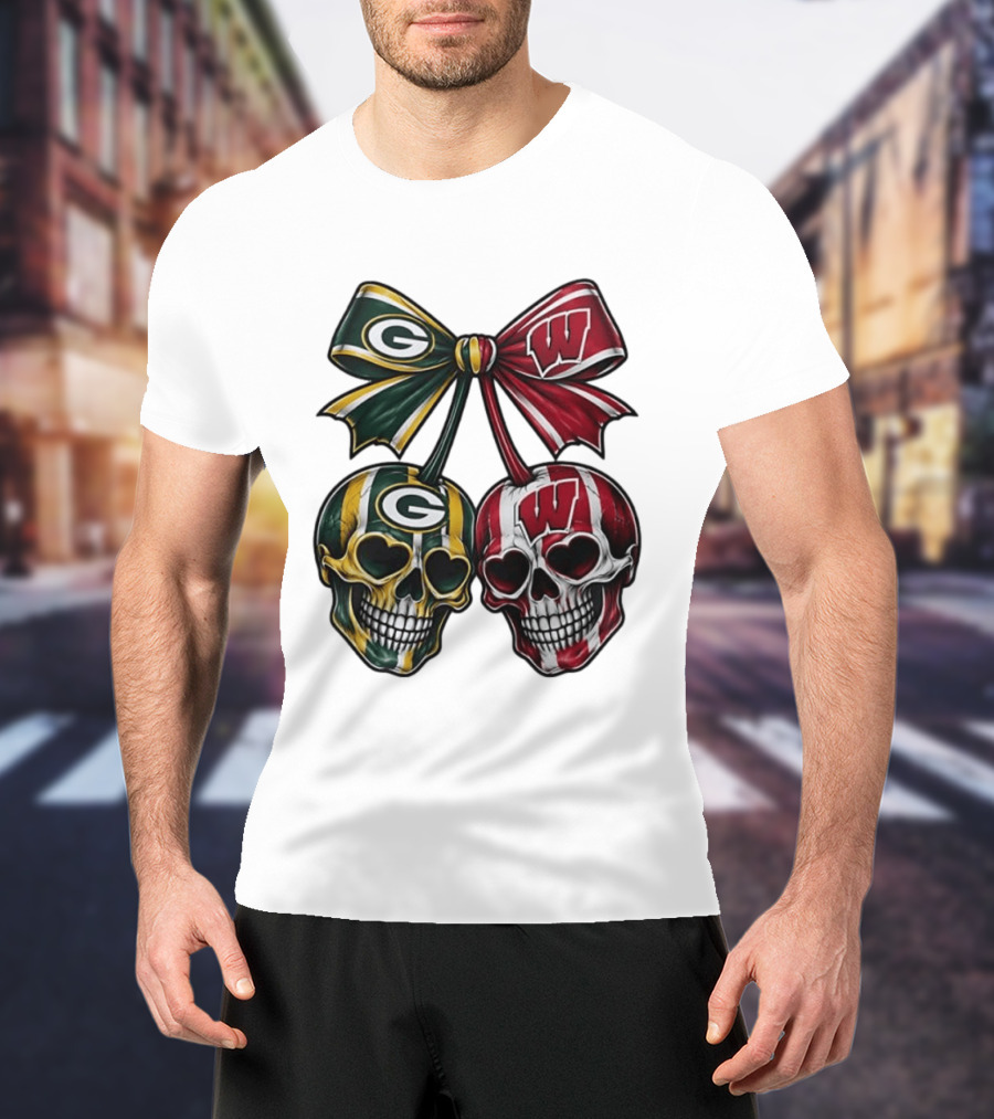 Green Bay Packers Wisconsin Badgers Skulls Bow T-Shirt