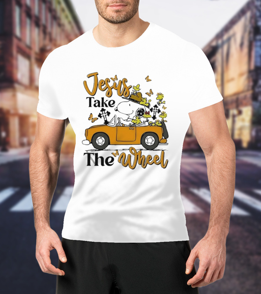 Snoopy Jesus Take The Wheel Butterflies Woodstock Driving Scene T-Shirt
