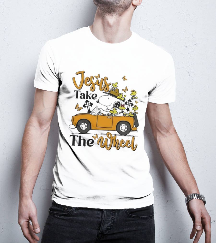 Snoopy Jesus Take The Wheel Butterflies Woodstock Driving Scene T-Shirt
