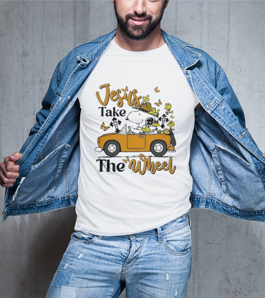 Snoopy Jesus Take The Wheel Butterflies Woodstock Driving Scene T-Shirt