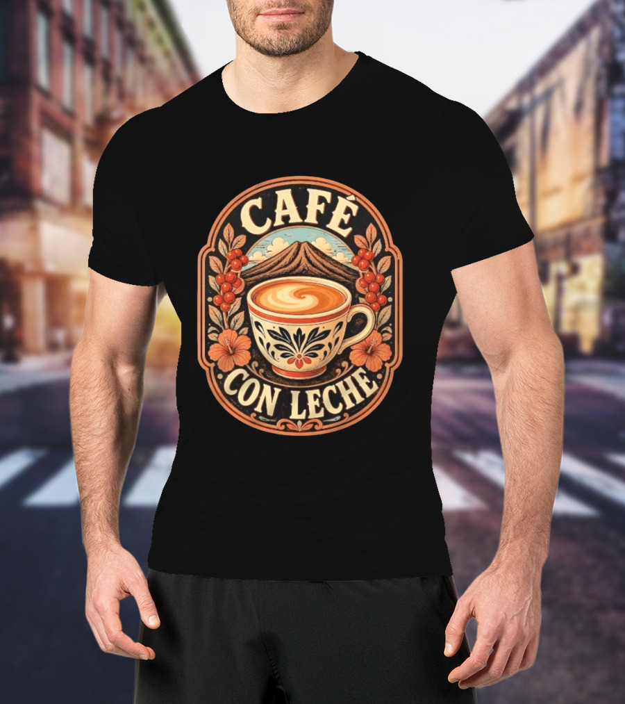 Café Con Leche Coffee Latte Floral Mountain Art Deco T-Shirt