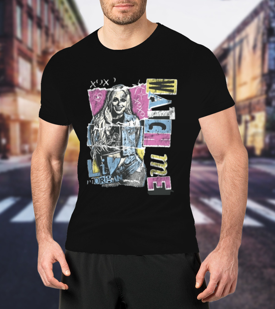 Me Xoxo Liv Morgan Denim Vest Distressed Halftone Torn Paper Collage T-Shirt