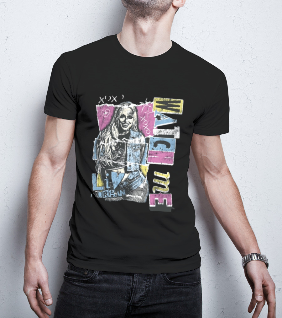 Me Xoxo Liv Morgan Denim Vest Distressed Halftone Torn Paper Collage T-Shirt