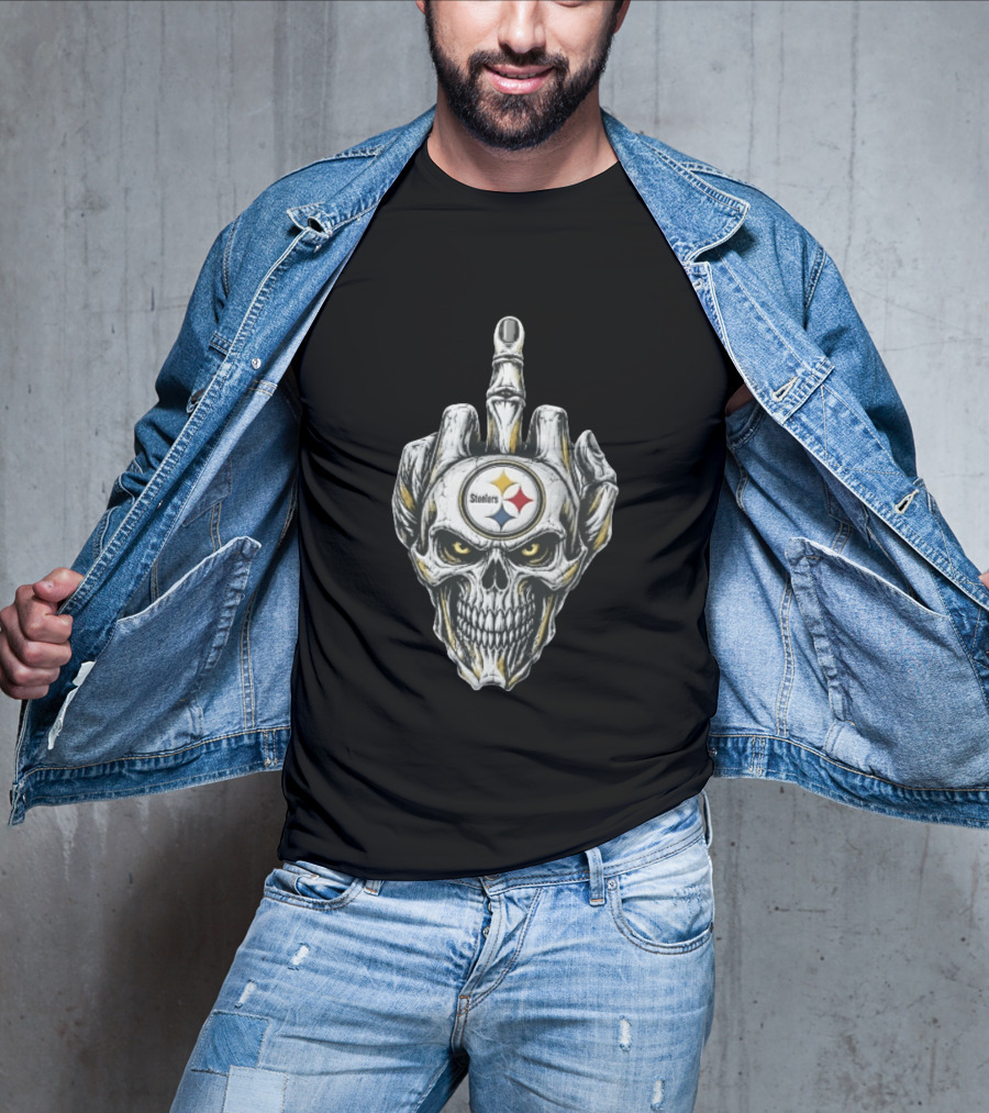 Pittsburgh Steelers Skull Middle Finger Gesture Football Fan T-Shirt
