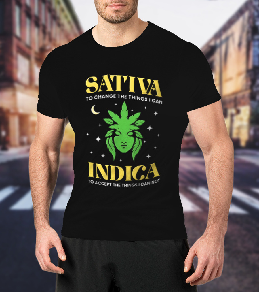 Sativa To Change The Things I Can Indica To Accept The Things I Can Not Moon Stars Cannabis Leaf T-Shirt